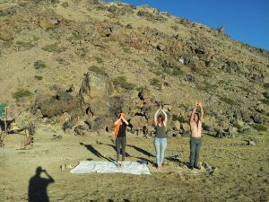yoga exercise in the chilean andes during horse trekking